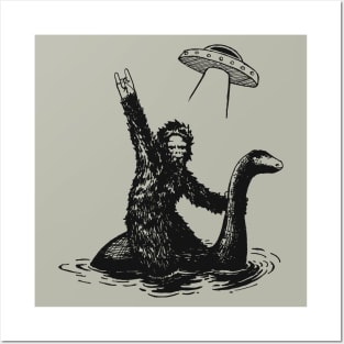 Bigfoot riding the Loch Ness monster with a UFO Posters and Art